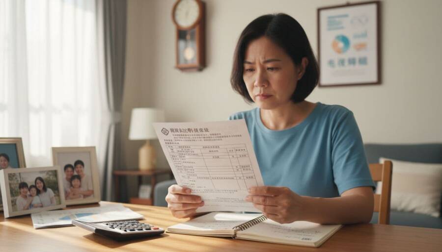 一位中年台灣人坐在明亮的居家書桌前，仔細查看國民年金補繳通知單，桌上散放著計算機、筆記本和家庭照片。