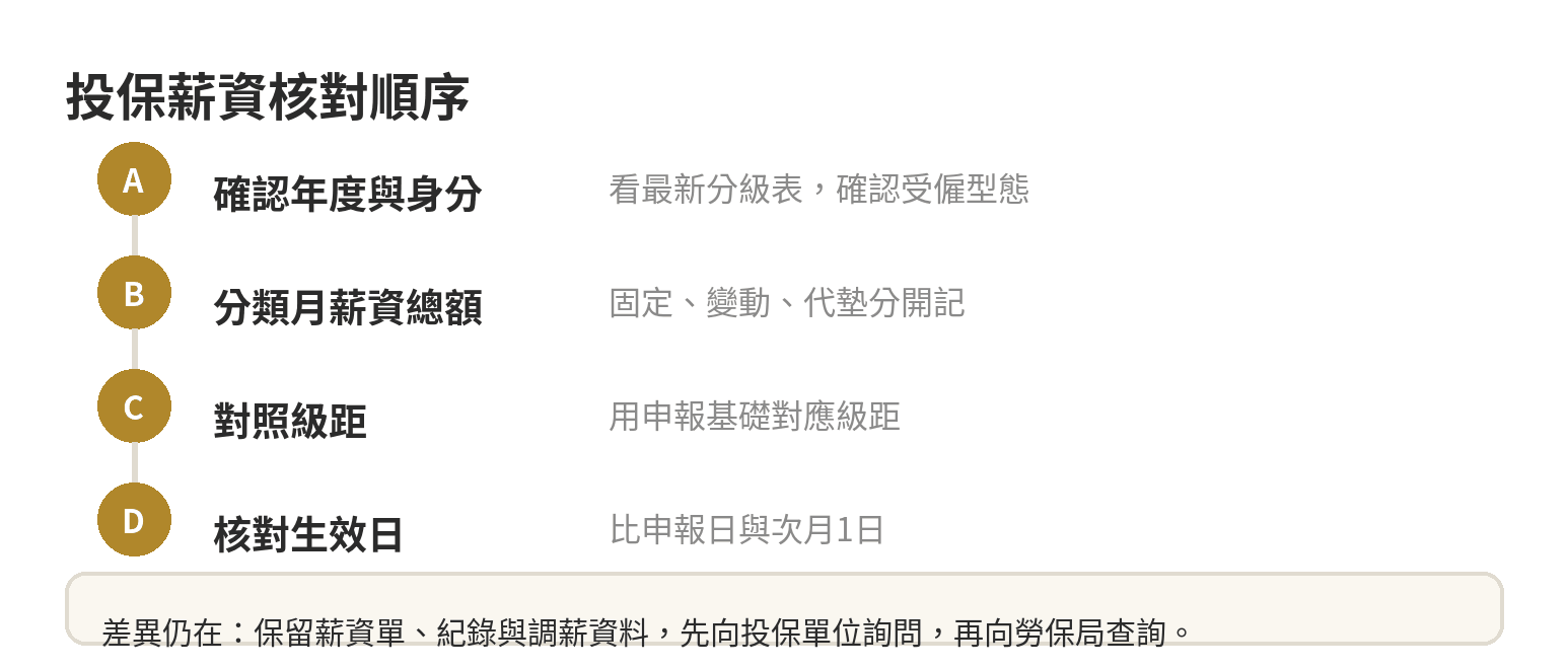 勞工自己怎麼發現被低報投保薪資,三個對帳點 投保薪資判斷順序:先確認適用年度,再分類月薪資總額,接著對照分級表與生效日