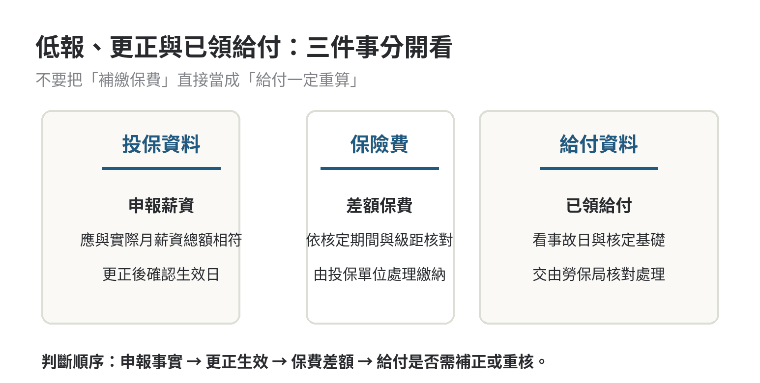 把投保資料、差額保險費與已領給付分成三欄，依序核對申報薪資、更正生效日、保費差額與給付核定基礎