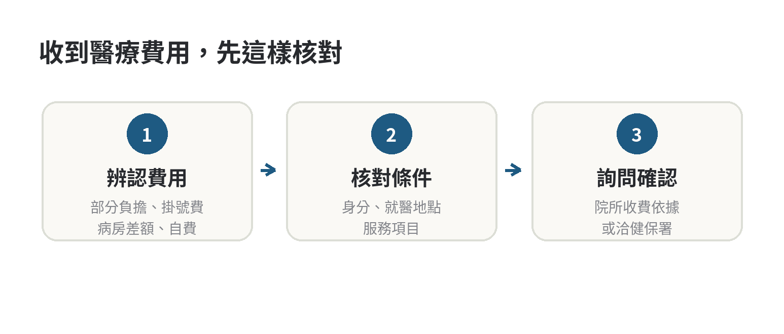 核對醫療收據的三步流程：辨認費用名稱、確認免除資格與適用範圍、向院所或健保署詢問。